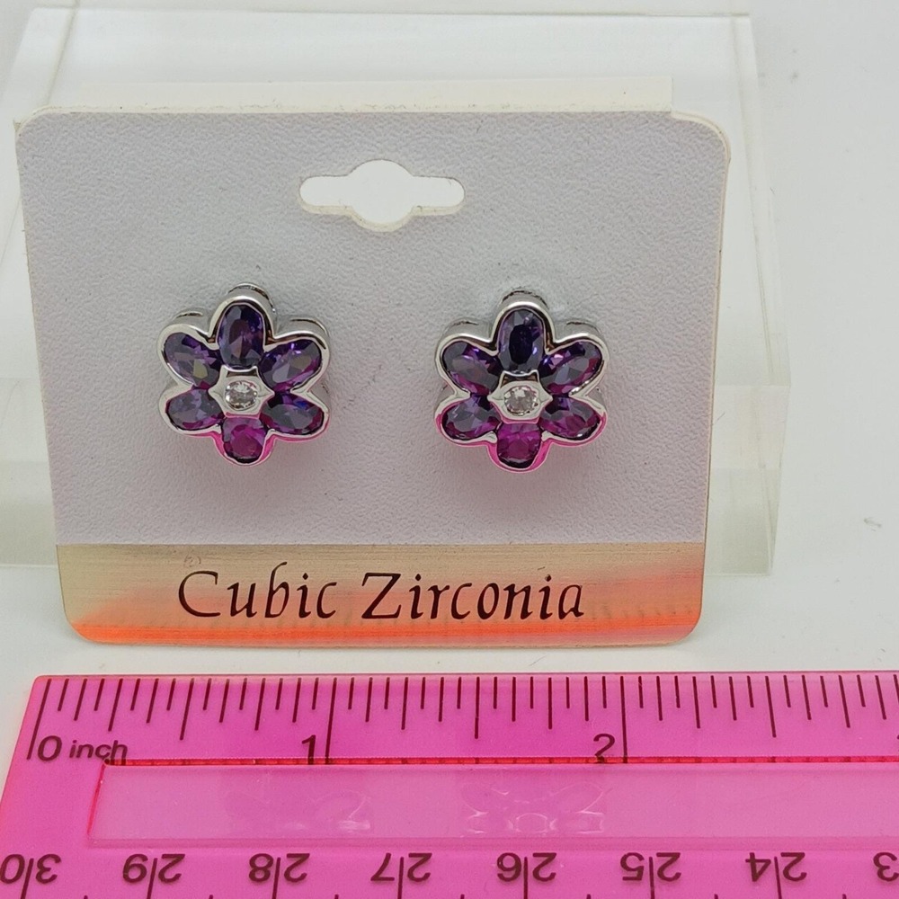 Vintage 1990s Purple Flower Stud Earrings Cubic Zirconia Silver Tone Sim Diamond - Picture 4 of 17